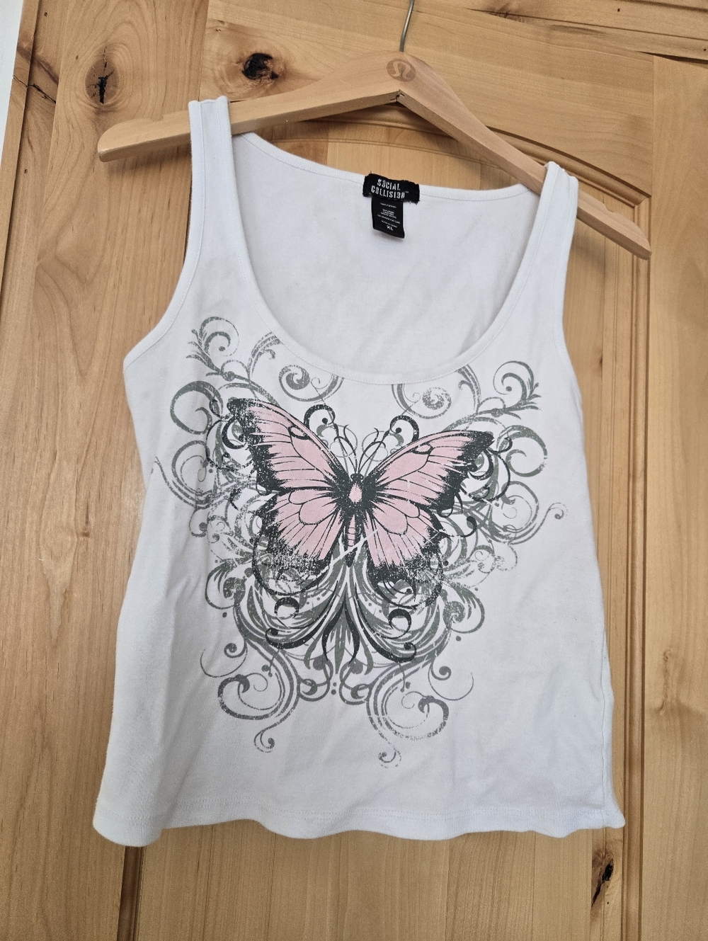 Socual Collision Cropped White Tank Top with Pink Butterfly Graphic XL